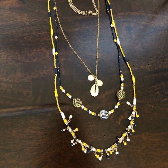 Boho Gold Yellow Navy Beaded Long Necklace - Picture 1 of 5